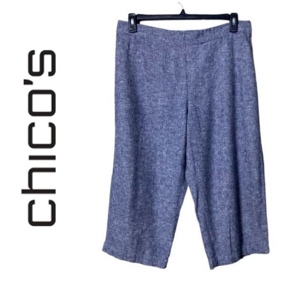 Chico’s Linen Pull On Women’s Pants Wide Leg Cropped Size 2.5 Capris Beachy - Picture 1 of 8